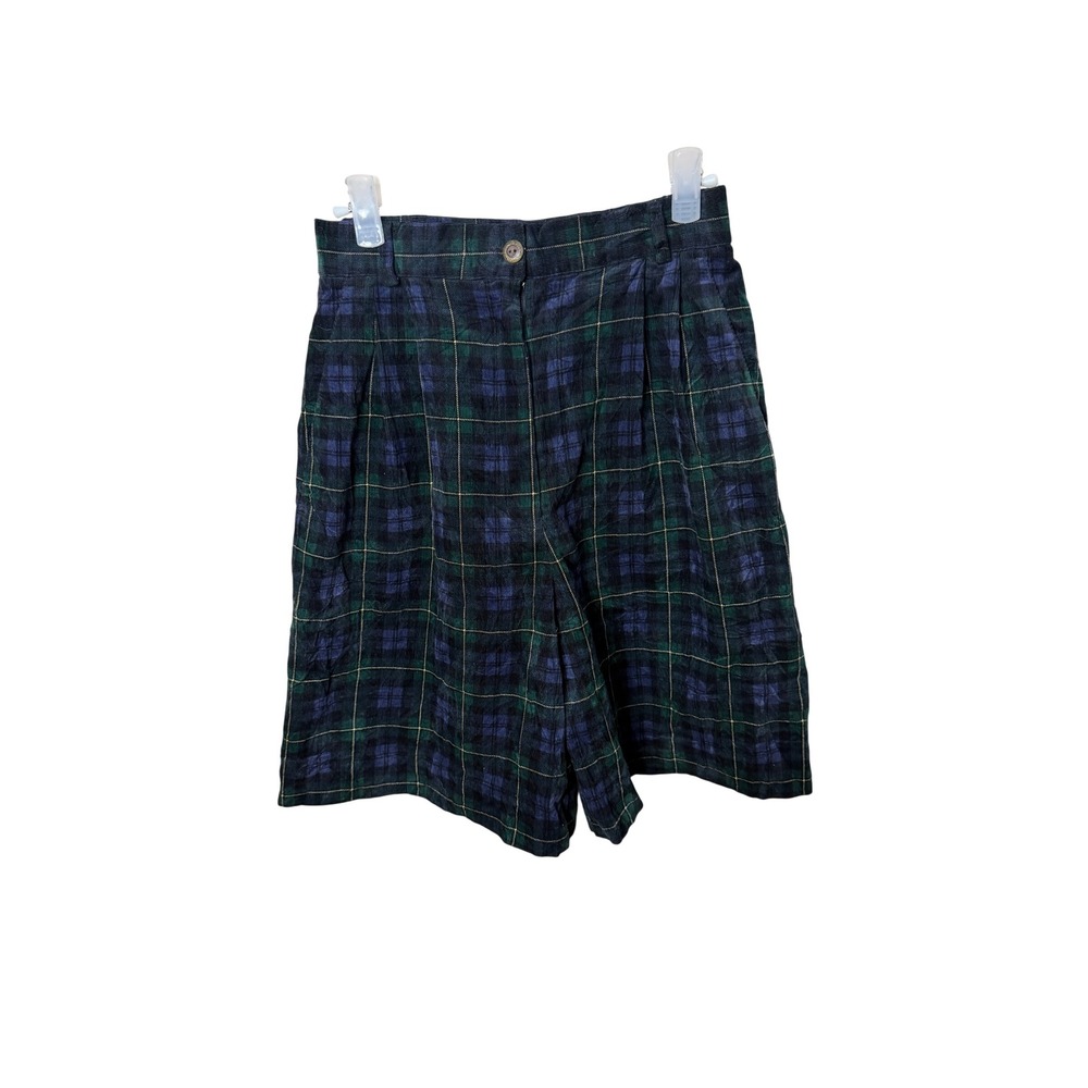 Susan Bristol Plaid Corduroy Shorts Green Blue High Rise‎ Pleated 4
